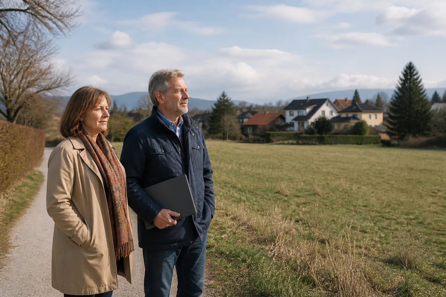 Eigentümerin und Immobilienberater betrachten eine offene Fläche am Rand einer österreichischen Siedlung