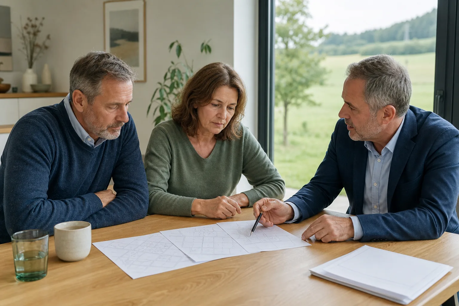 Zwei Eigentümer ordnen mit einem Berater neutrale Grundstücksunterlagen an einem hellen Tisch